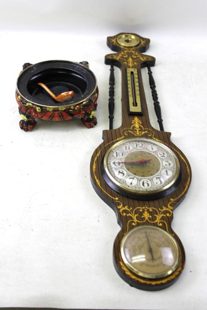 Vintage Lot incl Asian Design Ashtray , Small: Vintage Lot incl Asian Design Ashtray , Small Lusterware Ladle, Clock - Thermometer . Clock - Thermometer has a cracked and very scratched glass cover and is missing part in the top Condition: Clock -