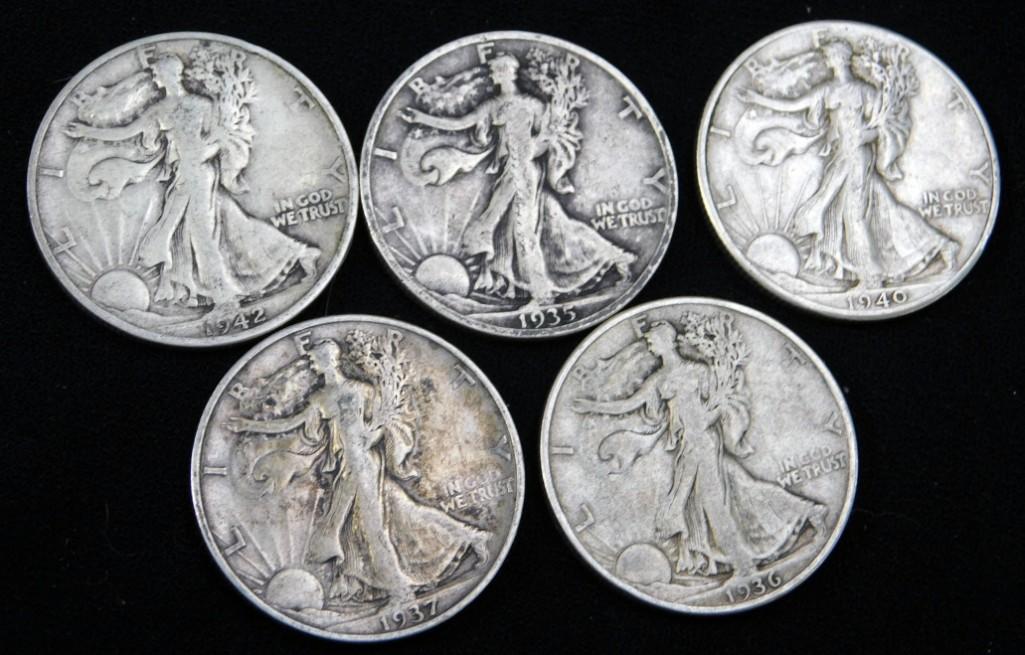 5 Walking Liberty Half Dollars 90% Silver (1 of 2)