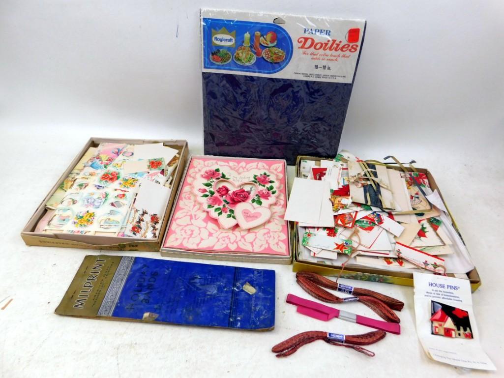 Lot of Vintage Ephemera including Doilies, Milprint: Lot of Vintage Ephemera including Doilies, Milprint Bands, etc.