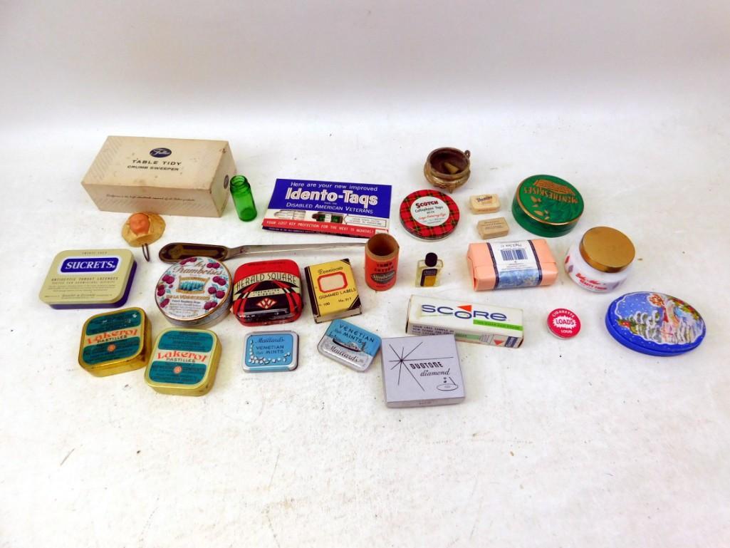 Vintage Tins, etc.: Vintage Tins, including Cigarette Loads Loud, Old Domino Sugar Cubes, Sucrets, Lakerol, Mentheskises, Crumb Sweeper, etc.
