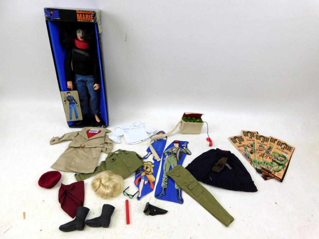 Mademoiselle Marie Hasbro GI Joe with accessories and: Mademoiselle Marie Hasbro GI Joe with accessories and box. Looks like in the box it's missing a shoe, but there is another pair. Includes a bunch of clothes and accessories. See all pictures