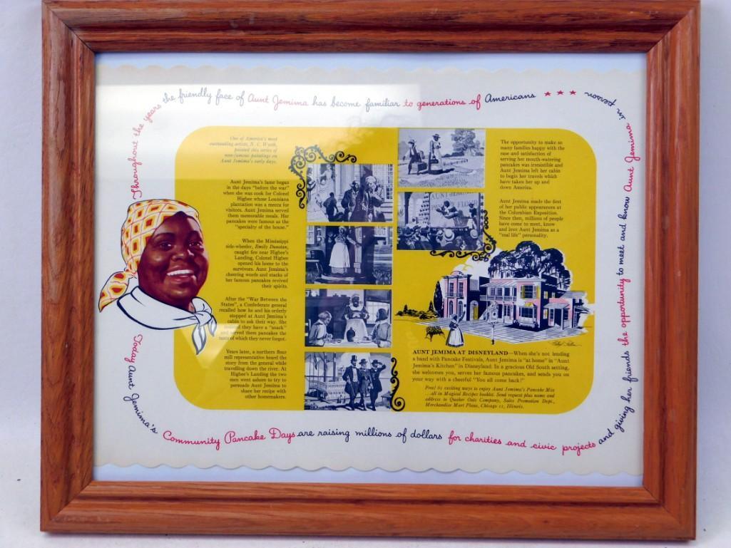 Framed Aunt Jemima Disneyland Placemat - Vintage: Framed Aunt Jemima Disneyland Placemat - Vintage. with frame, this is roughly 16" x 13". Aunt Jemima of course has retired recently