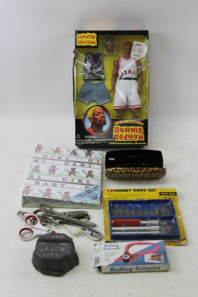Misc. Lot Dennis Rodman, Hobby Knife Set, Sunglasses,: Misc. Lot Dennis Rodman, Hobby Knife Set, Sunglasses, Scissors, Virgin Ames Lead Weight