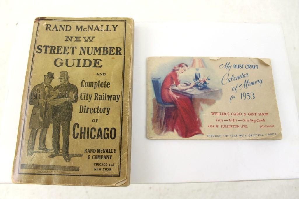 Ephemera Lot incl City Railway Directory of Chicago and: Vintage Ephemera Lot incl Vintage Rand McNally Street Number Guide and Complete City Railway Directory of Chicago and 1953 Rust Craft Calendar of Memory