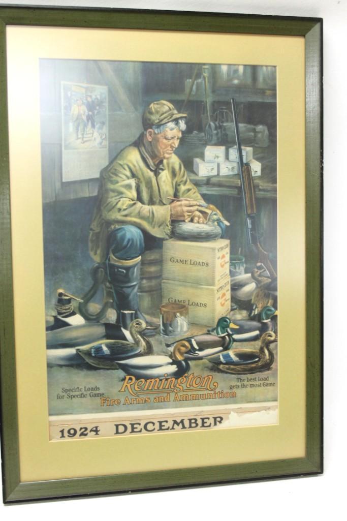 Vintage Framed Remington Advertising Print: Vintage Framed Remington Advertising Print , Says "Remington Fire Arms and Ammunition, The Best Load gets the Most Game " on it Condition: Torn in the bottom right corner, has staples, please 