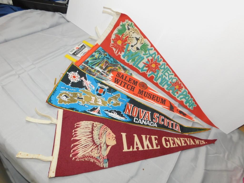 Lot of Pennants and incl Salem Witch Museum , Nova: Lot of Pennants and incl Salem Witch Museum , Nova Scotia , Lake Geneva, WI, and San Diego and