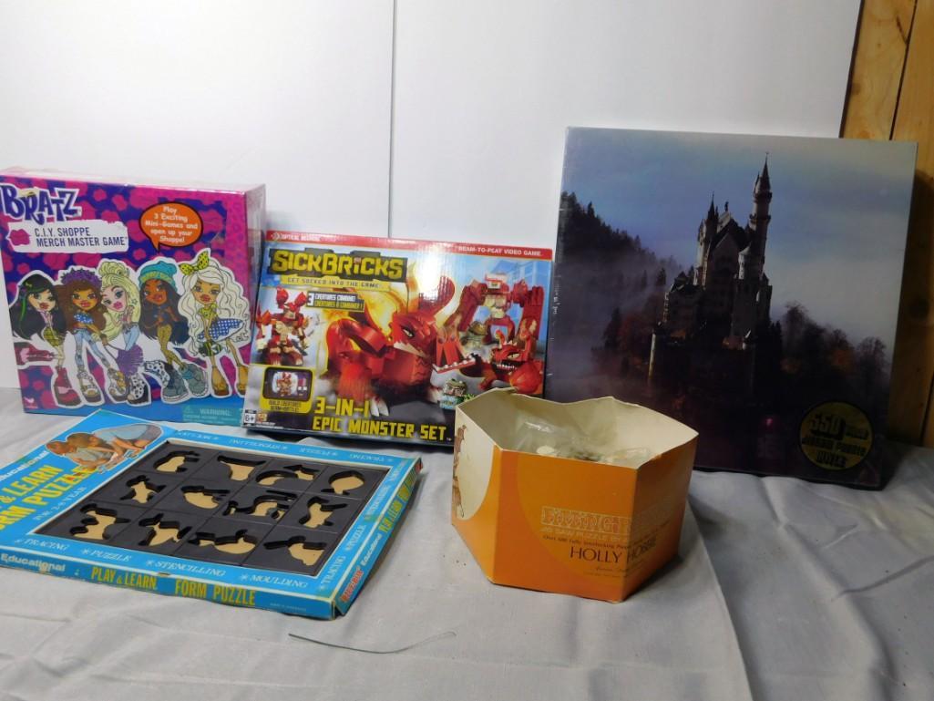 Bratz Game - NIP , SickBricks Monster Set - NIP ,: Bratz Game - NIP , SickBricks Monster Set - NIP , German Castle 500 Pc Puzzle - NIP , Play and Learn Form Puzzle - NIP , Holly Hobby Puzzle - Not checked for completeness
