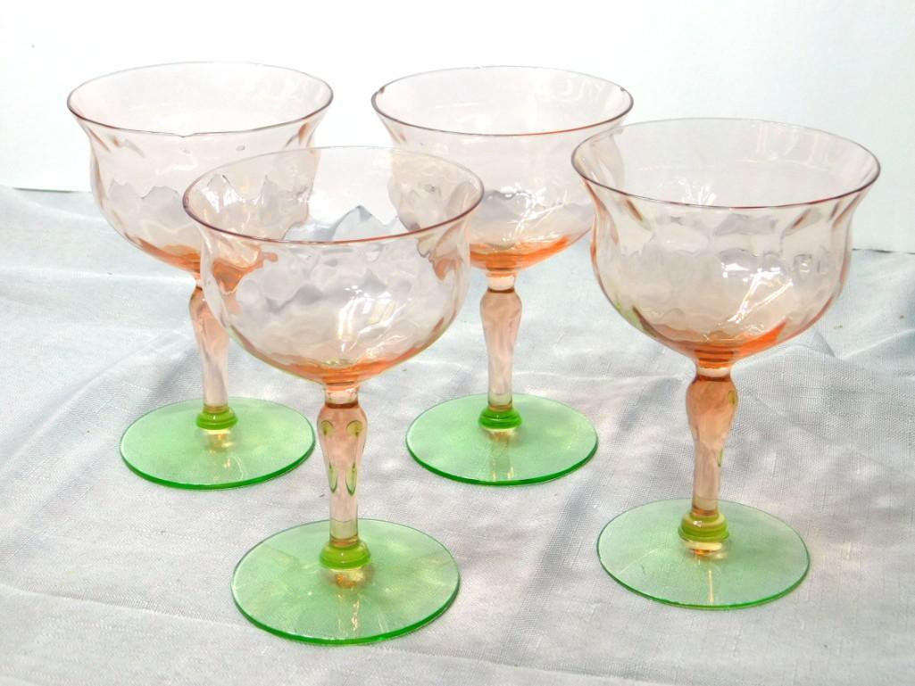 Set of 4 Watermelon Depression Glass Stemware Glasses , (1 of 2)