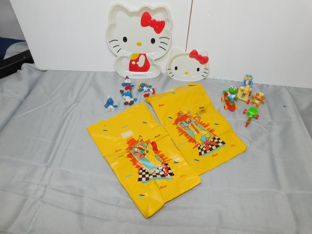 Toy Lot incl Smurfs Figures , McDonalds Bags , Hello: Toy Lot incl Smurfs Figures , McDonalds Bags , Hello Kitty Child's Dishes, Sesame Street Figures
