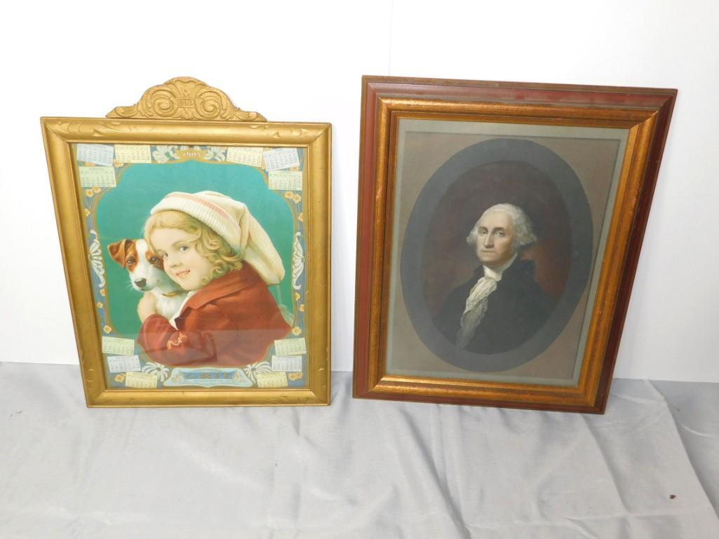 Framed Calendar from 1905 and a Framed Portrait of: Framed Calendar from 1905 and a Framed Portrait of George Washington