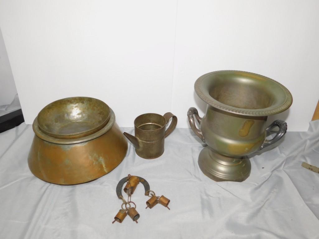 Large Wine Holder or Spittoon and a Lage Metal Bowl ,: Large Wine Holder or Spittoon and a Lage Metal Bowl , Small Vintage Pitcher, Wind Chime
