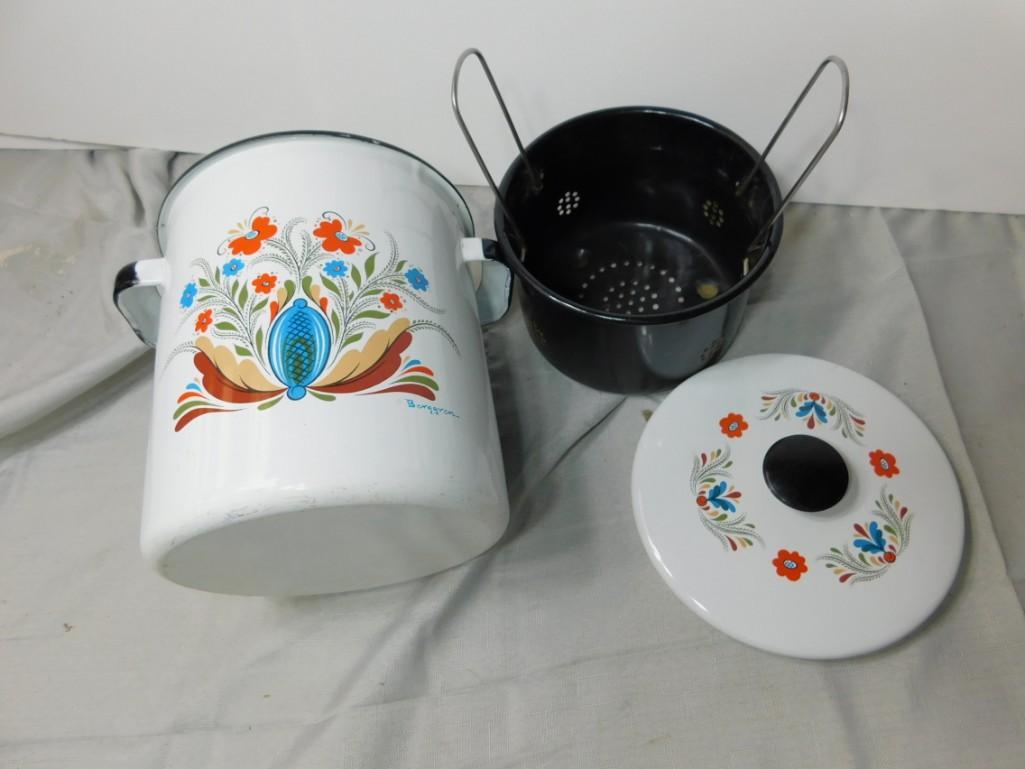 Berggren Enamelware Stock Pot or Corn Pot with Insert: Vintage Berggren Enamelware Stock Pot or Corn Pot with Insert