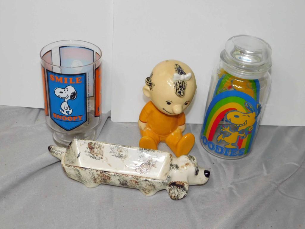 Home Decor Lot incl Snoopy Candy Jar , Peanuts cups,: Home Decor Lot incl Snoopy Candy Jar , Peanuts cups, Dog Ashtray or Bowl , Figure