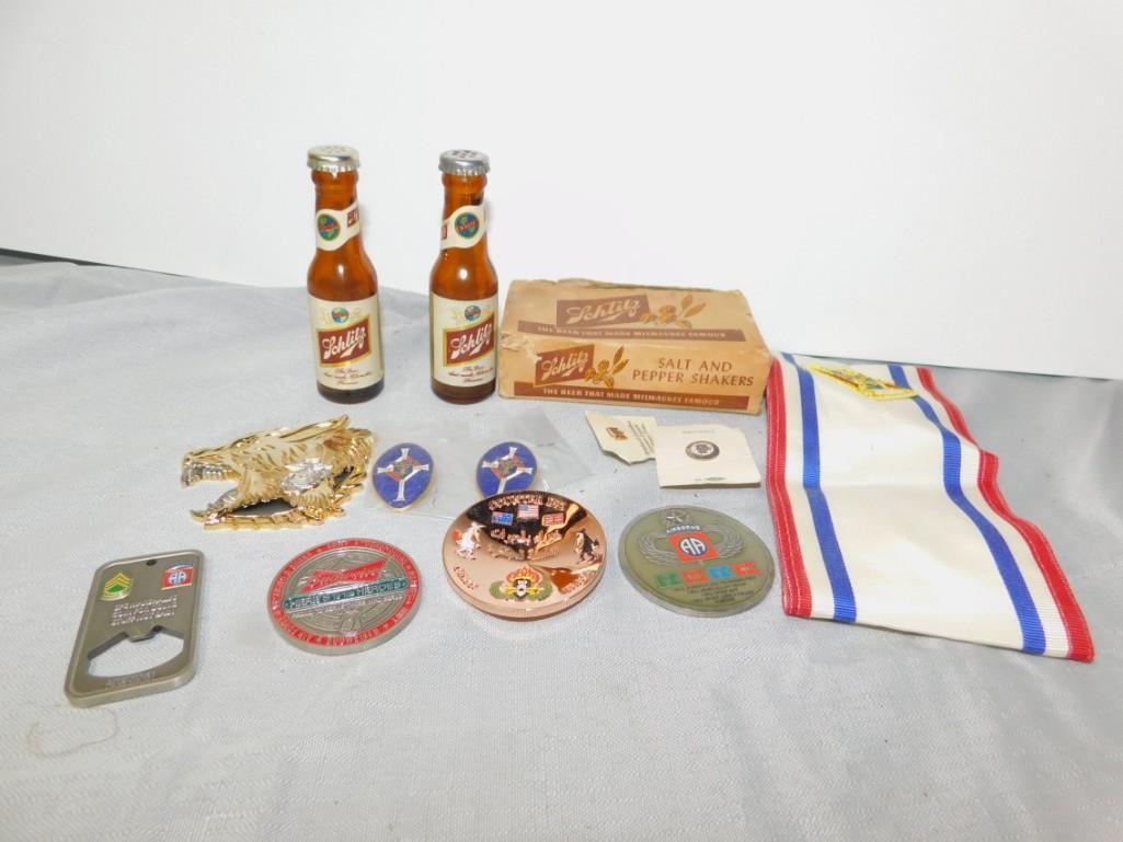 Smalls Lot incl Schlitz Salt and Pepper Shakers,: Smalls Lot incl Schlitz Salt and Pepper Shakers, Military Medallions , Knights of Columbus Pins