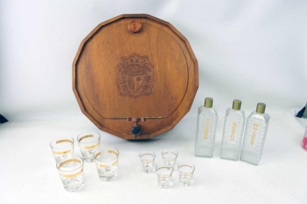 Bar Lot incl Wall Cabinet , Shot Glasses , Etc: Bar Lot incl Wall Cabinet that looks like a barrel tapper, Shot Glasses , Etc
