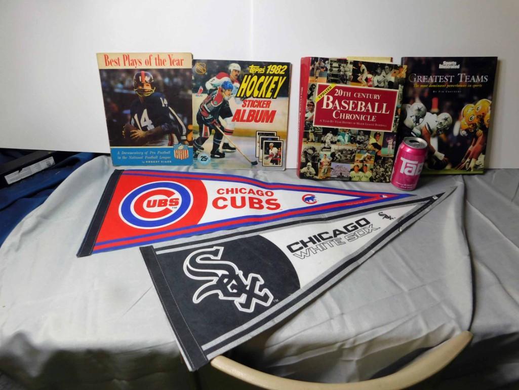 Lot of Sports Books , Pennants , Stickers , etc: Best Plays of the Year Book, Topps Sticker Album, 20th Century Baseball Chronicle , Greatest Teams Sports Illustrated Book , Cubs and Sox Pennants