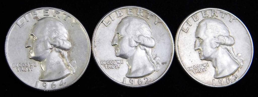 3 AU Washington Quarters incl 1962-D , 1963-D , 1964-D (1 of 2)