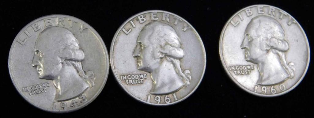 3 Washington Quarters incl 1943-D, 1960-D, 1961-S 90% (1 of 2)