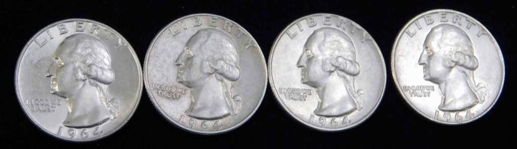 4 Nice 1964D Washington Quarters 90% Silver (1 of 2)