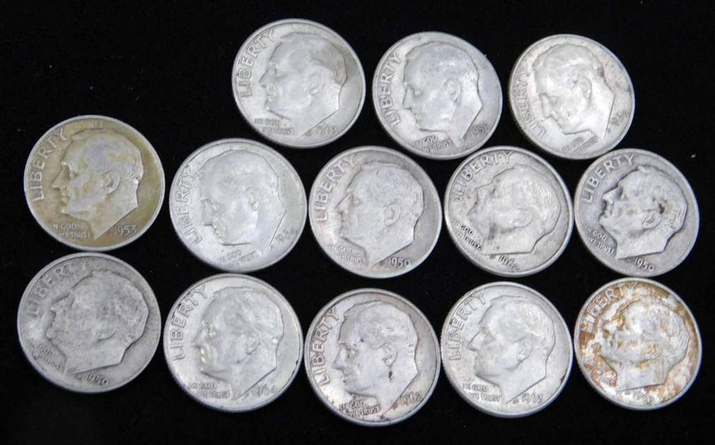 13 Older Roosevelt Dimes 90% Silver: Lot of 13 Older Roosevelt Dimes 90% Silver