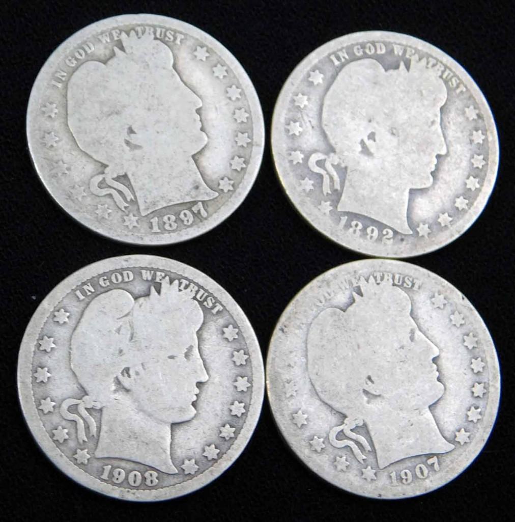4 Barber Quarters incl 1892 , 1897 , 1907 , 1908 (1 of 2)
