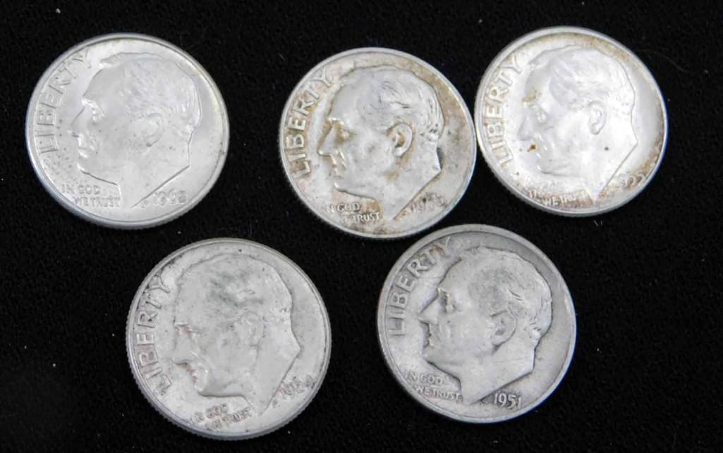 5 Older Roosevelt Dimes 90% Silver (1 of 2)