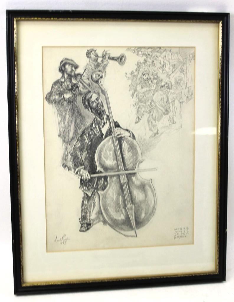 Saul Raskin ( 1878-1966) Listed NY Artist 1965 Original: Saul Raskin ( 1878-1966) Listed NY Artist 1965 Original Drawing "The Quartet " . Pencil Signed . Measures about 17" x 21.5"