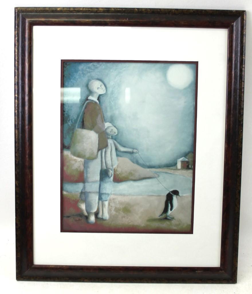 Original Monotype (lofl) Walking Penguins Signed L.: Original Monotype (lofl) Walking Penguins Signed L. Sanders . Measures about 19" x 23"