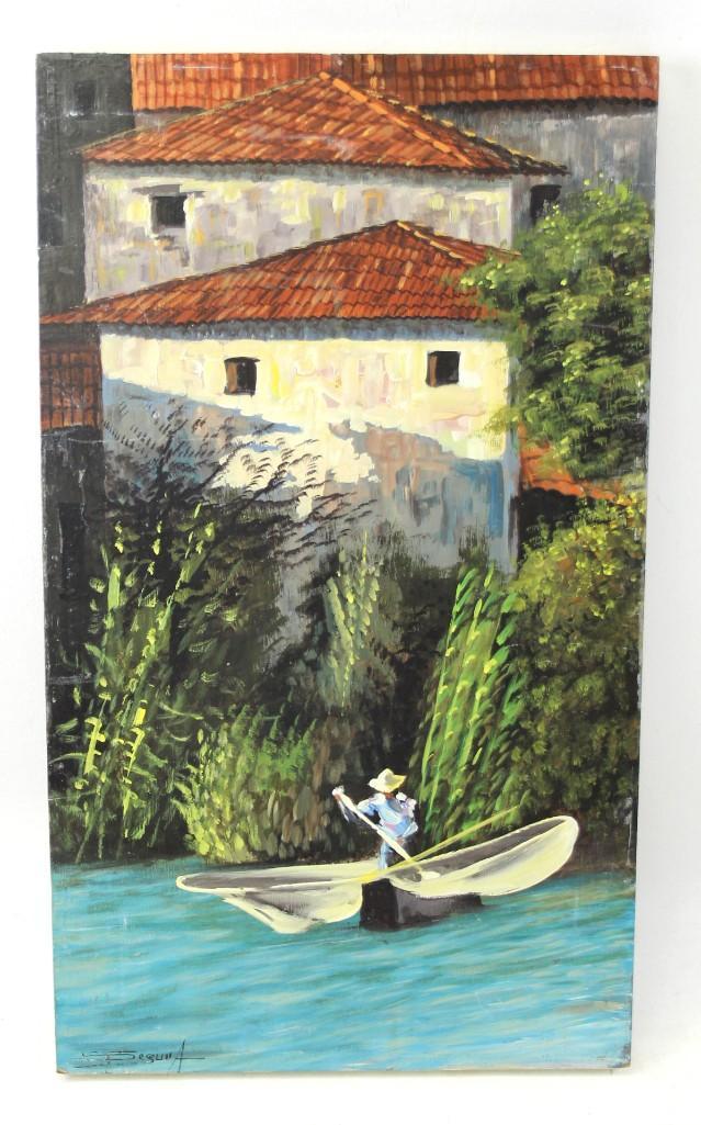 River Boat Scene Original Oil on Board Signed " Segura (1 of 3)