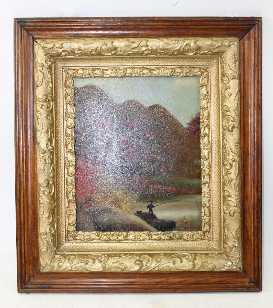 Hudson River School Oil on Board (in a Beautiful Gilded: Hudson River School Oil on Board (in a Beautiful Gilded Oak Frame) "Fisherman at Steam" 19th Century . Measures about 18"x20"