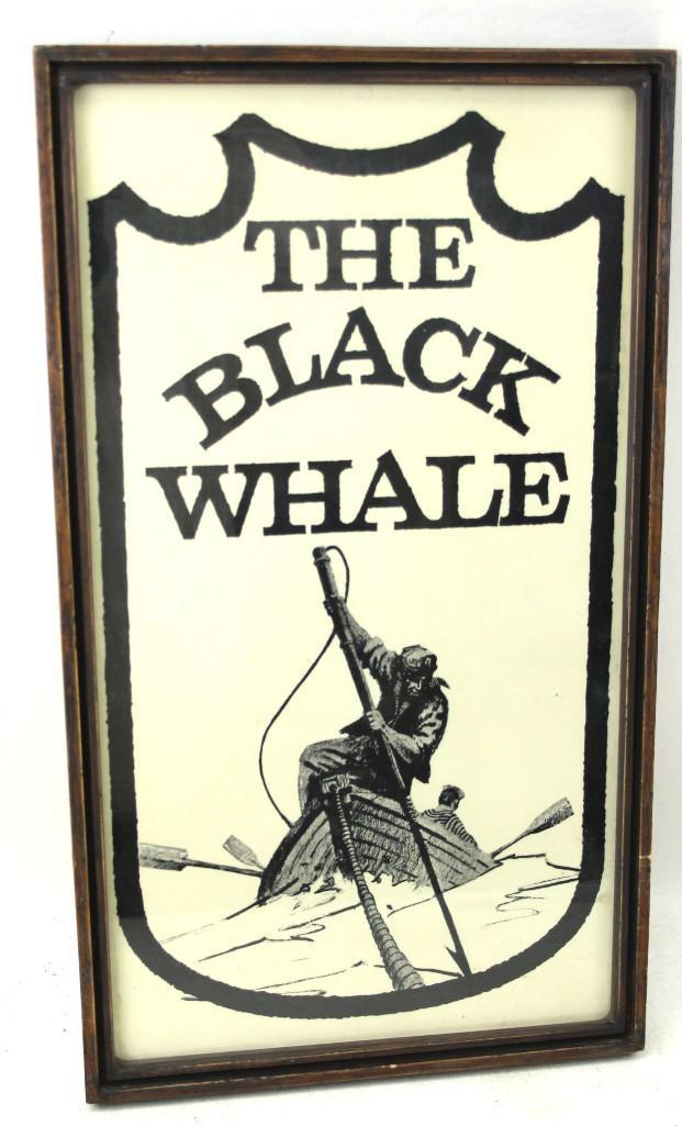 Vintage Advertising Poster or Menu in Lithograph from: Vintage Advertising Poster or Menu in Lithograph from The Black Whale Restaurant which was in Marina del Rey, CA . Depicts Mariners at sea. Measures about 12"x21.5" . Not examined out of frame