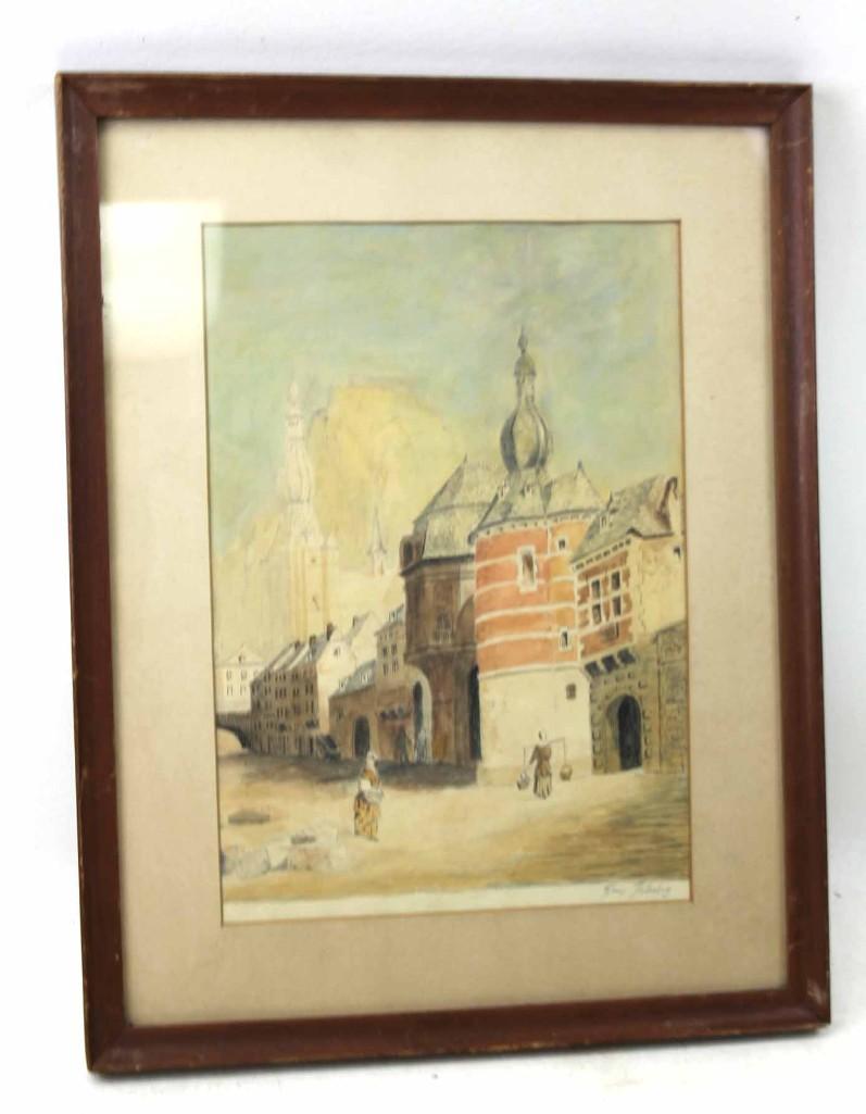 European School Original Watercolor , Signed " Village (1 of 3)