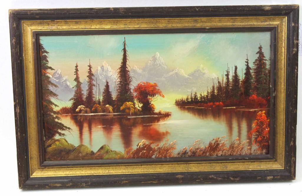 Charles R Handford (1909-1995) "Listed Artist" Oil on: Charles R Handford (1909-1995) "Listed Artist" Oil on Board , Signed , " Mountain Lakes at Sunset " . Measures about 14"x21.5"