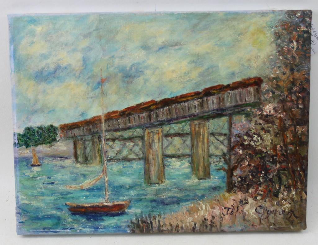 In the Style of John Ford Clymer (1907-1989) "Trains on: In the Style of John Ford Clymer (1907-1989) "Trains on Bridge " Oil on Canvas , Signed . Measures about 12"x16"