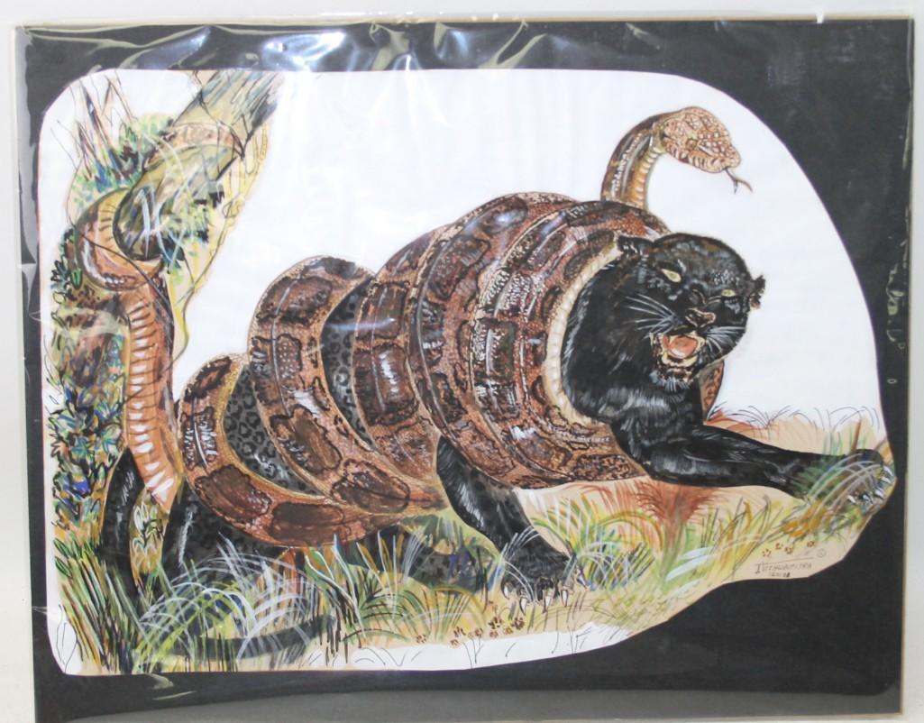 Ink & Watercolor " Cobra Meets Panther " Artist Signed: Ink and Watercolor " Cobra Meets Panther " Artist Signed , Original . Measures about 13.5"x19.5"