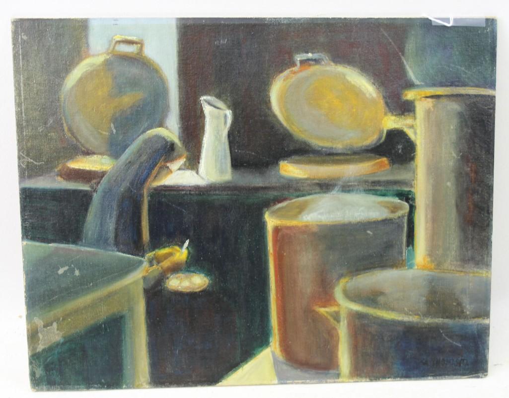 Sister Mary Thomasita ( Fessler ) (1912-2005) Art: Sister Mary Thomasita ( Fessler ) (1912-2005) Art Institute of Chicago Rare Cubist Style Work, Oil on Board , Signed Lower Right , Measures about 14"x18"