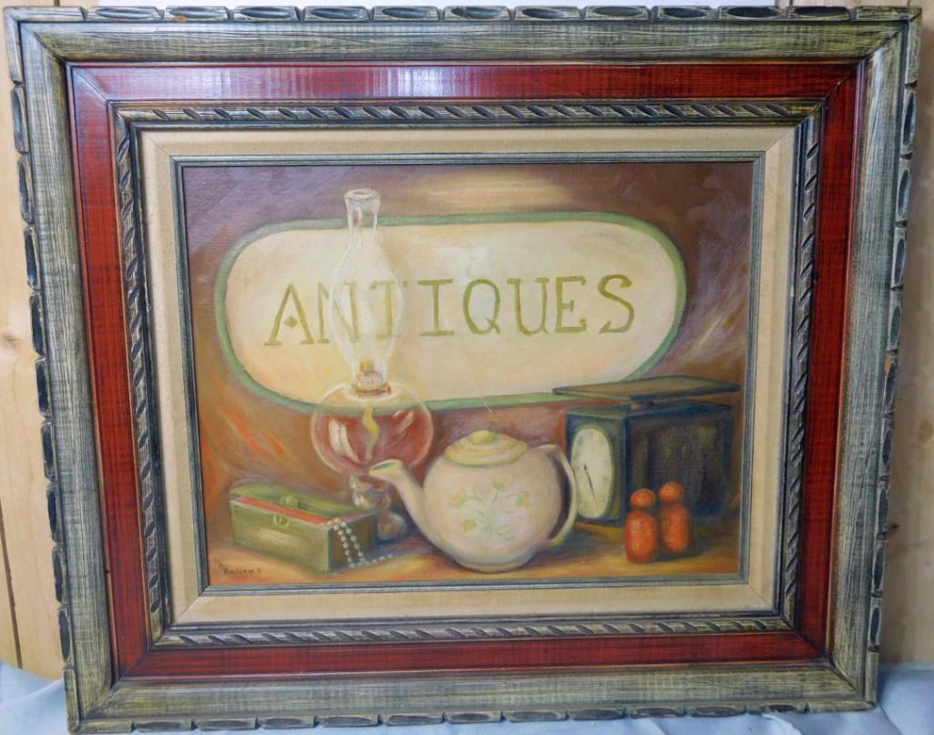 Ruth A Bellows Still Life " Antiques " Painting ,: Ruth A Bellows Still Life " Antiques " Painting , Framed , Measures about 26"x22 Condition: has a small scratch below where it says "Antiques"
