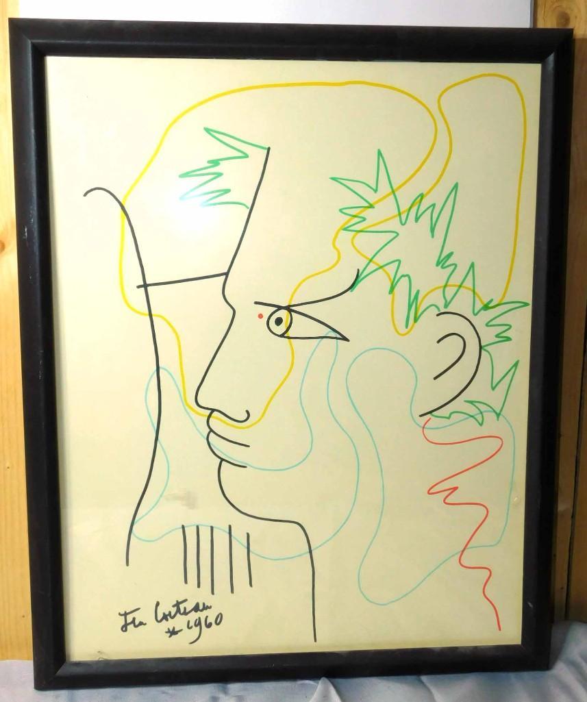Jean Cocteau Abstract Print 1960: Cocteau Abstract Print , Framed , Measures about 22"x26.5"