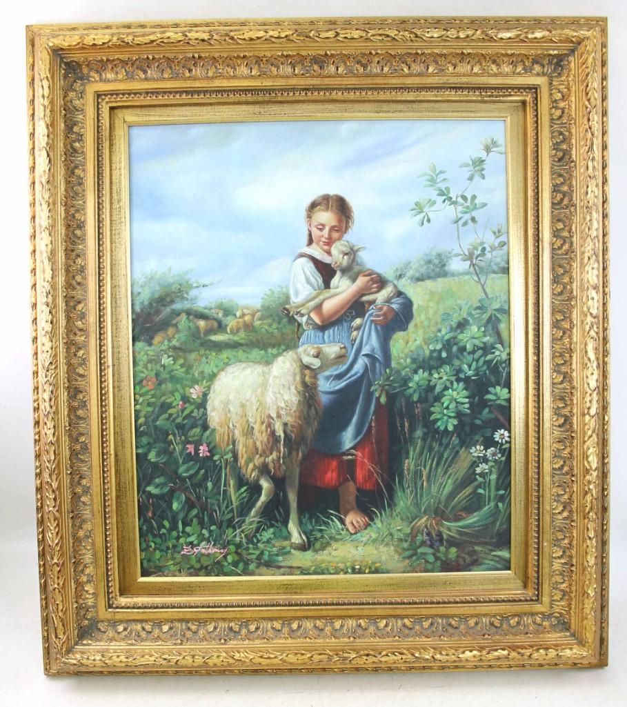 Shepherdess Oil on Canvas Signed Z Anthony Measures: Shepherdess Oil on Canvas Signed Z Anthony , Ornate Frame , Measures about 30"x34"