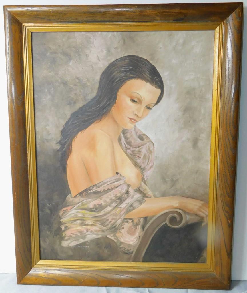 Painting on Canvas Signed Margit Wagner of a Partially: Painting on Canvas Signed Margit Wagner of a Partially Nude Woman , Measures about 28"x22"