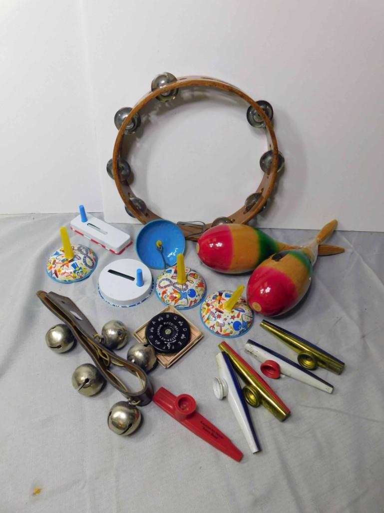 Tambourine , Vintage Party Noisemakers , Pitch Pipe ,: Wood Tambourine , Vintage Party Noisemakers , Pitch Pipe , Jingle Bells , 5 Kazoos