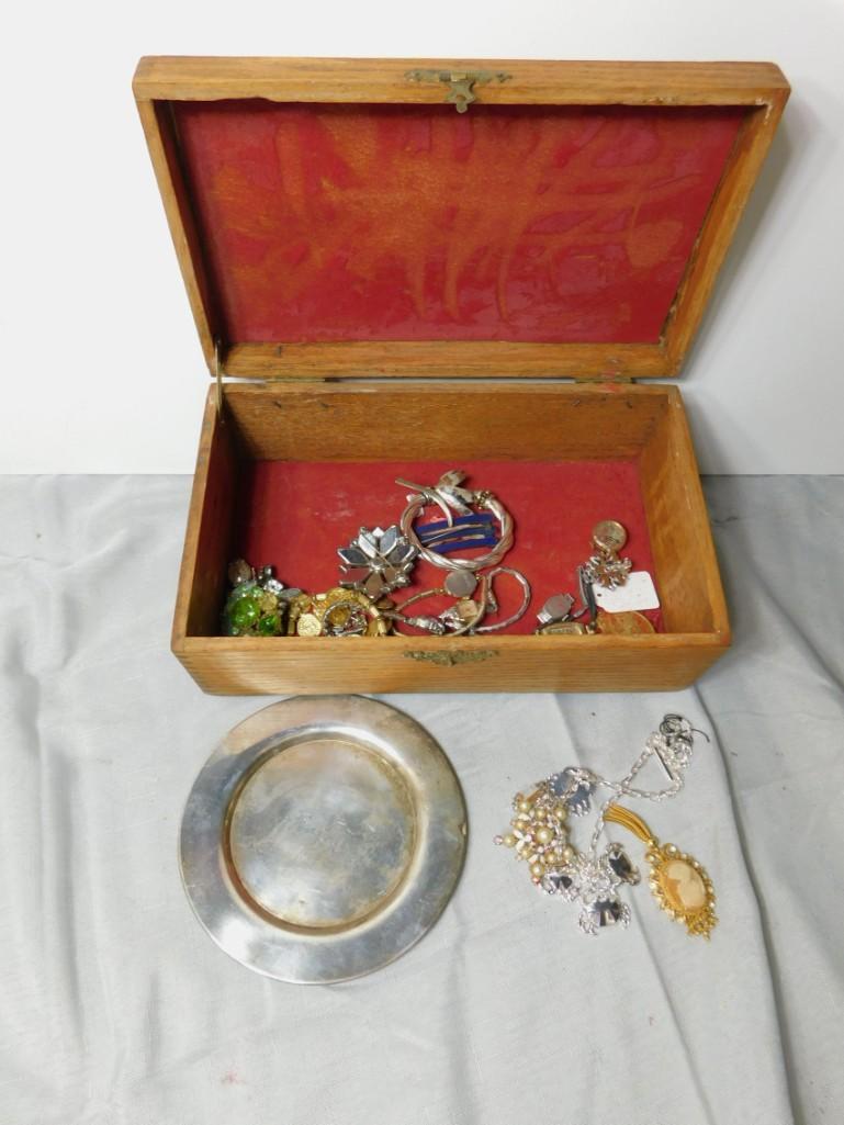 Lot of Costume Jewelry and Watches in an Old Wooden Box: Lot of Costume Jewelry in an Old Wooden Box