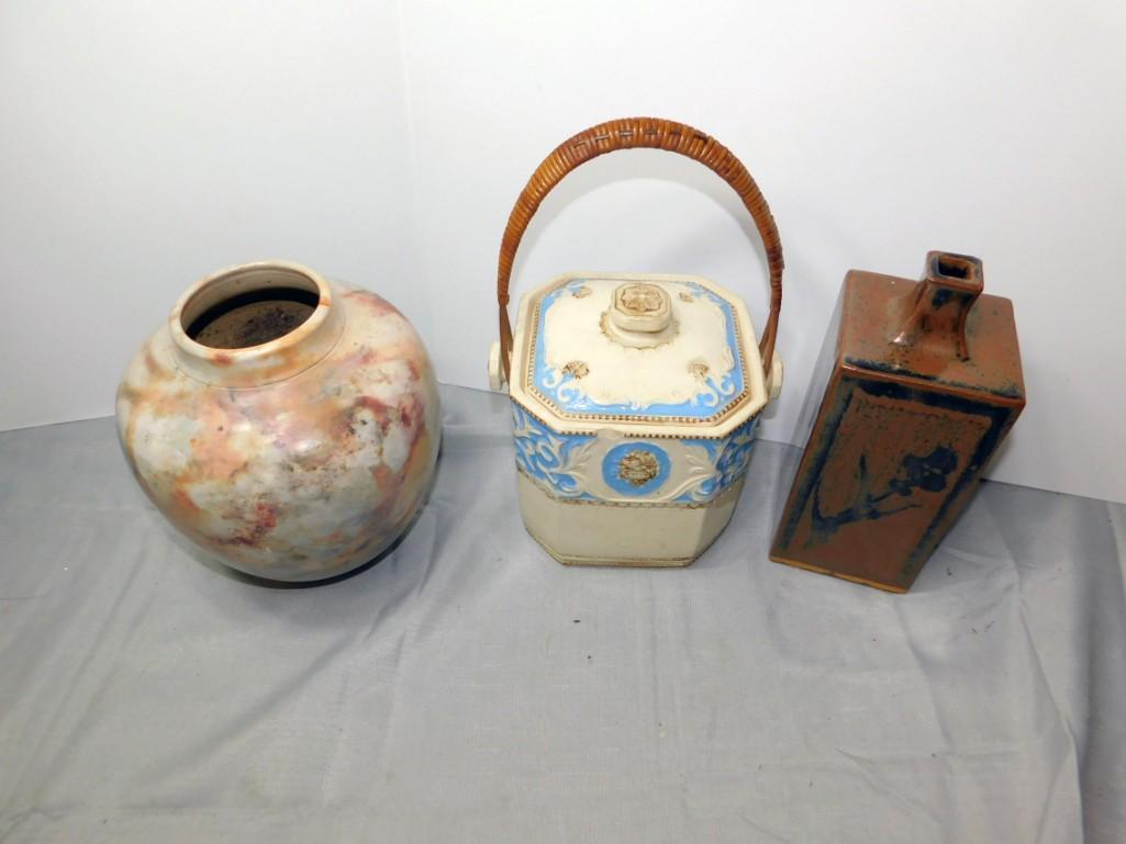 3 Ceramic Items incl 1 Vase - Signed , Bottle Vase - (1 of 3)