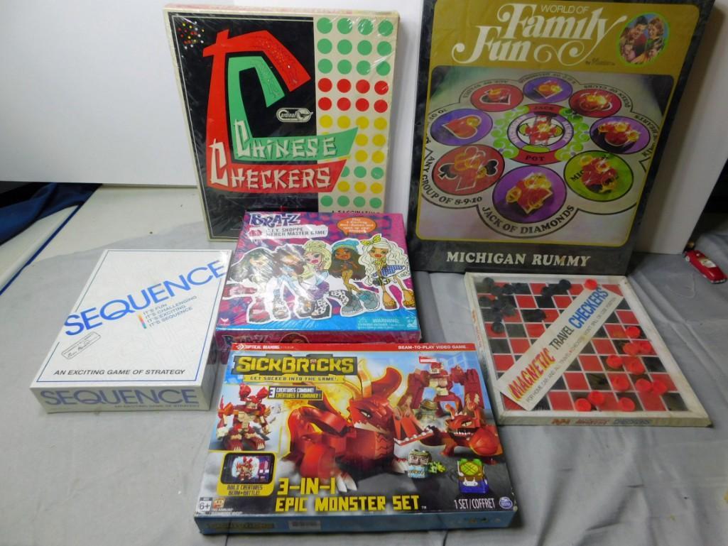 Lot of New Old Stock Games plus Sick Bricks: Bratz, World of Family Fun, Chinese Checkers , Sequence Condition: Games are sealed in plastic, Sick Bricks are not sealed and have not been checked for completeness