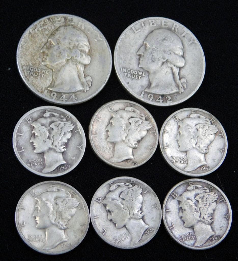 8 Coins incl 6 Mercury Dimes and 2 Washington Quarters (1 of 2)