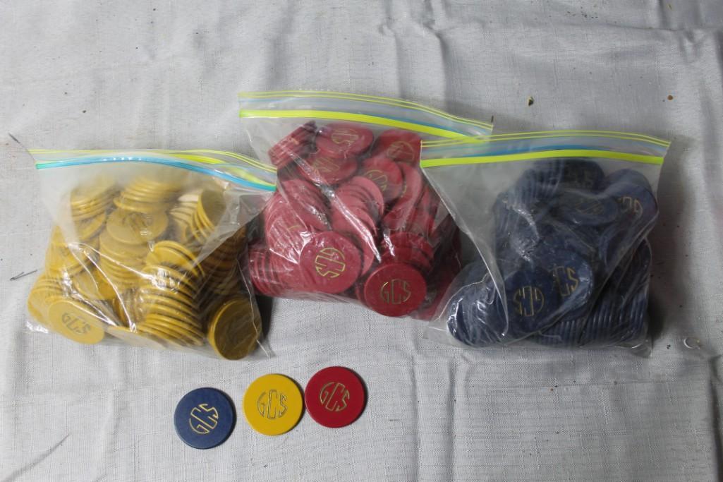 Vintage Poker Chips with GCS initials on them: Vintage Poker Chips with GCS initials on them. Lots of them in Gold, Red and Blue