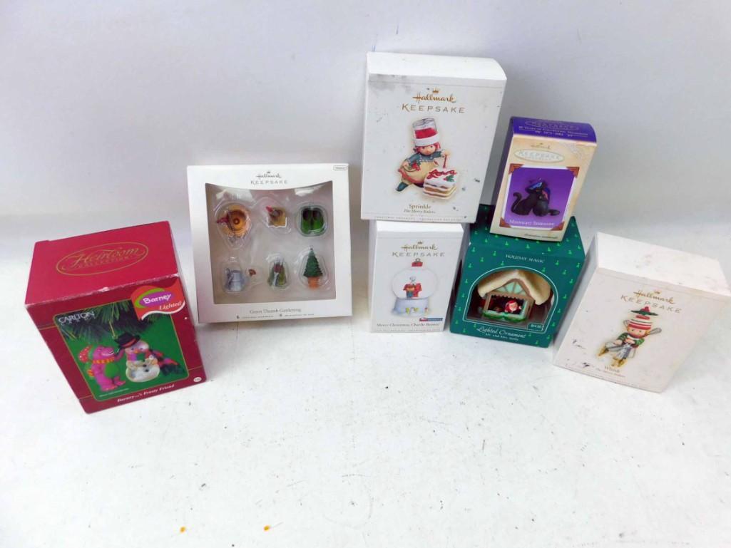7 Christmas Ornaments in Original Boxes incl 4 Hallmark: 7 Christmas Ornaments in Original Boxes incl 4 Hallmark Keepsake, Barney , etc