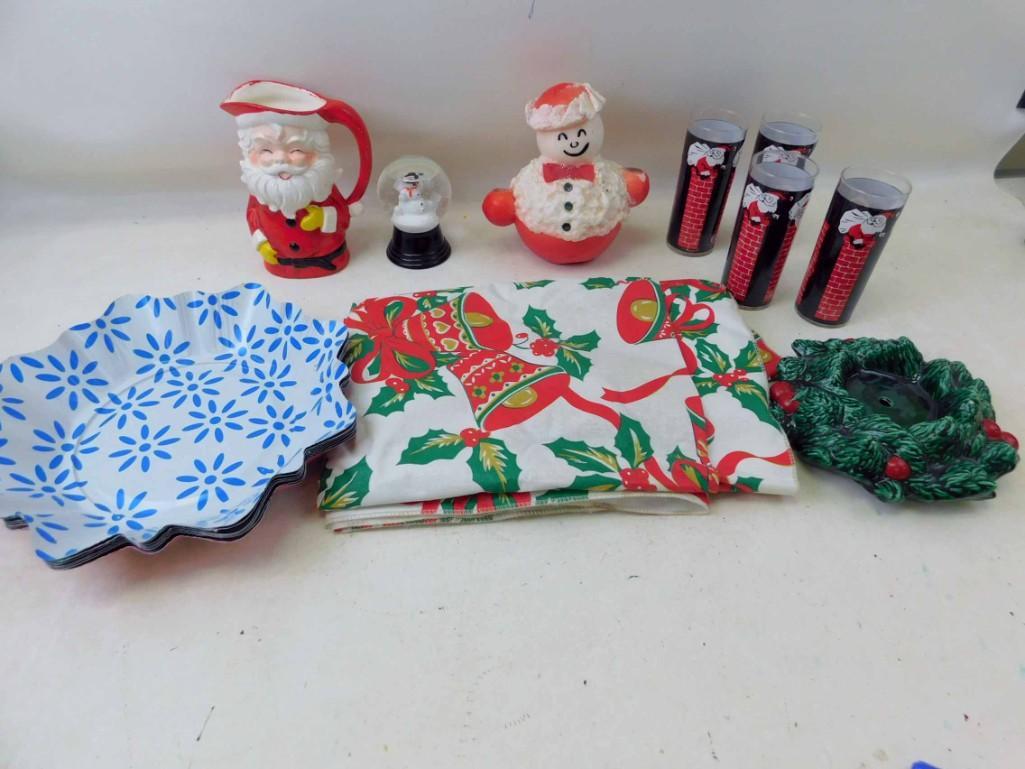 Christmas Lot incl Santa Character Jug or Pitcher ,: Christmas Lot incl Santa Character Jug or Pitcher , Snowman Globe , 4 Santa Glasses, 7 Holiday Tins, Tablecloth