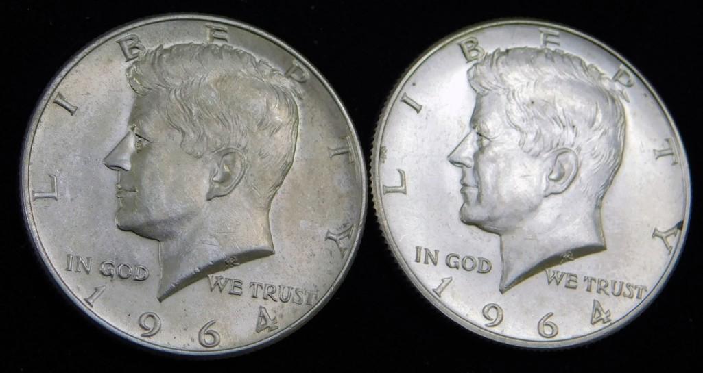 2 AU 1964 Kennedy Half Dollars 90% Silver (1 of 2)