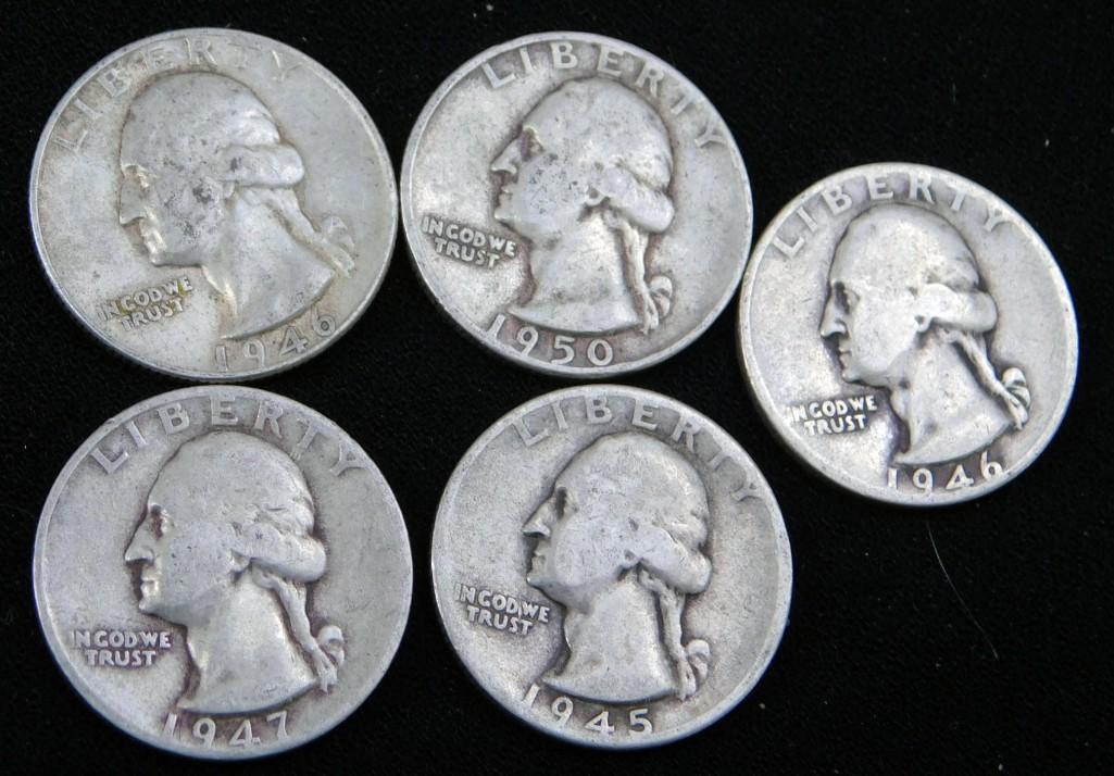 5 Older Washington Quarters 90% Silver (1 of 2)